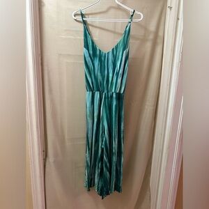 Zen Knits Greenish Tie Dye Wide Leg Romper XS Boho Strappy Jumpsuit Hippie Yoga